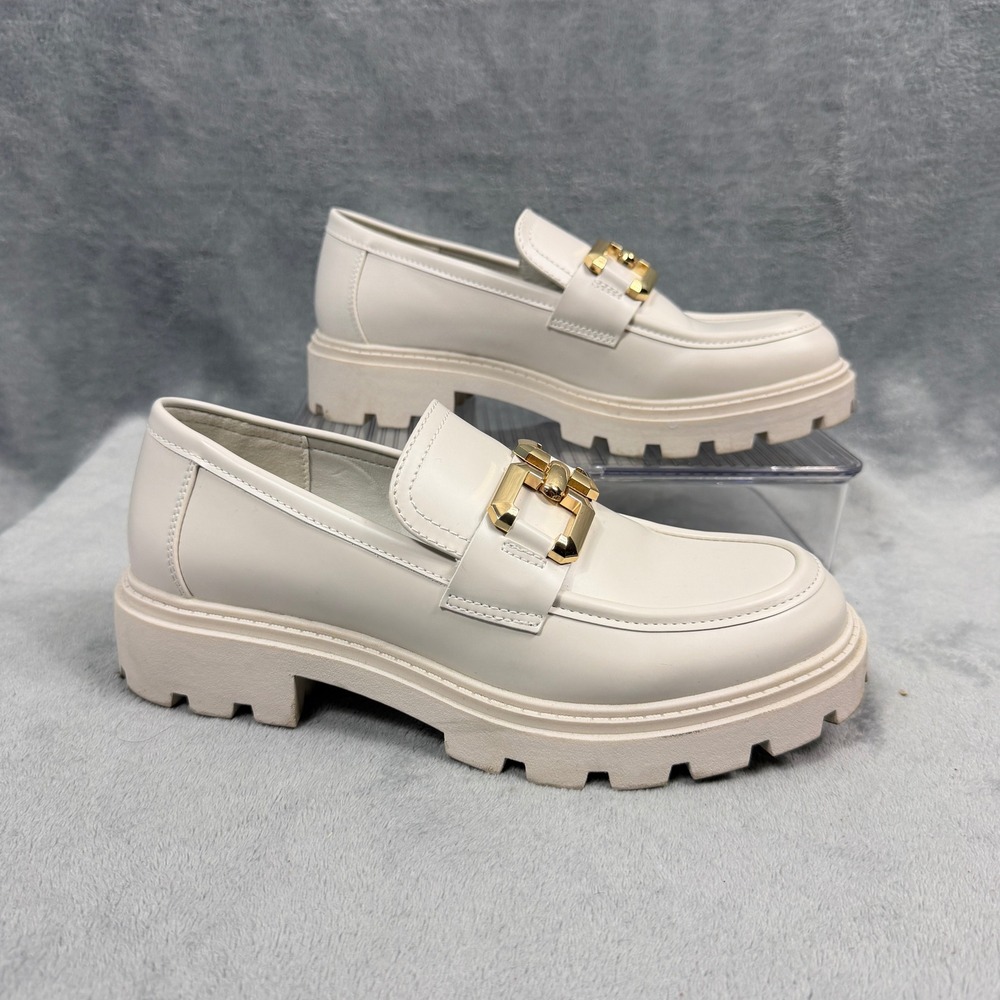 Steve Madden Womens 9 White Bellanie Loafer Chunky Platform Gold Chain Y2K Lug